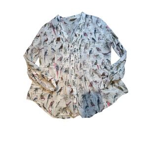 Maeve Women's White Bird Print V-Neck Pleated Long Sleeve Blouse Size 14‎